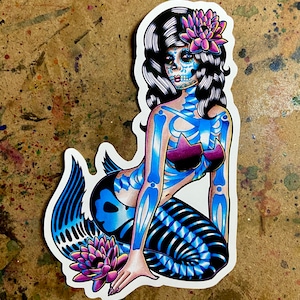 Full Color Sticker or Magnet | Pretty Lowbrow Punk Goth Day of the Dead Sugar Skull Mermaid Pin-Up Girl Tattoo Flash Style