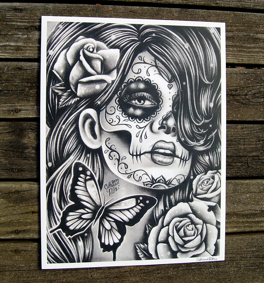 Day Of The Dead Poster Sugar Skull Girl Butterfly Tattoo Art Etsy