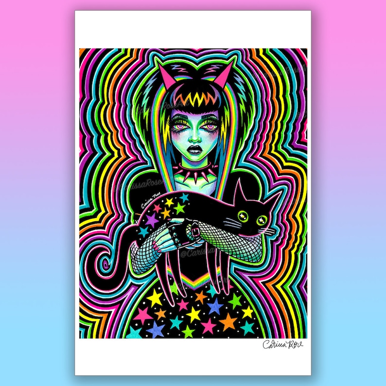 May include: A digital illustration of a woman with black hair and horns, wearing a black dress with stars and a black fishnet top. She is holding a black cat with green eyes. The background is a swirling pattern of rainbow colors.