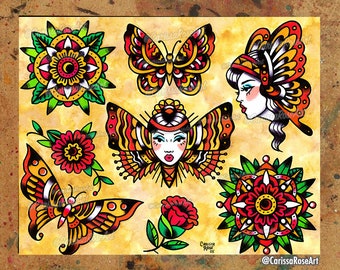 Art Print | Butterfly Tattoo Flash | American Traditional Old School Tattoo Style Butterfly Themed | 8x10, 10.5x13.8, or 11x17 inch