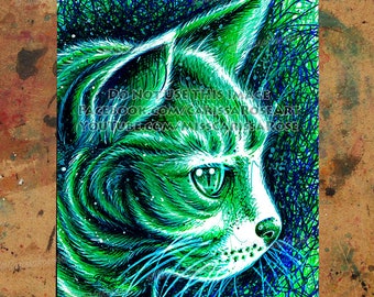 Art Print | Kitty 2 | Pop Art Signed Print Electric Neon Green Feline Cat Sharpie Drawing Art Print | 5x7, 8x10, 10.5x13.8, or 11x17 Inch