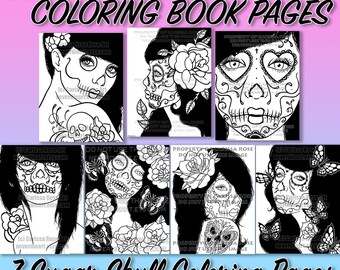 Digital Download Print Your Own Coloring Book Outline Page Discount Pack | Seven High Resolution Lowbrow Tattoo Sugar Skull Coloring Pages