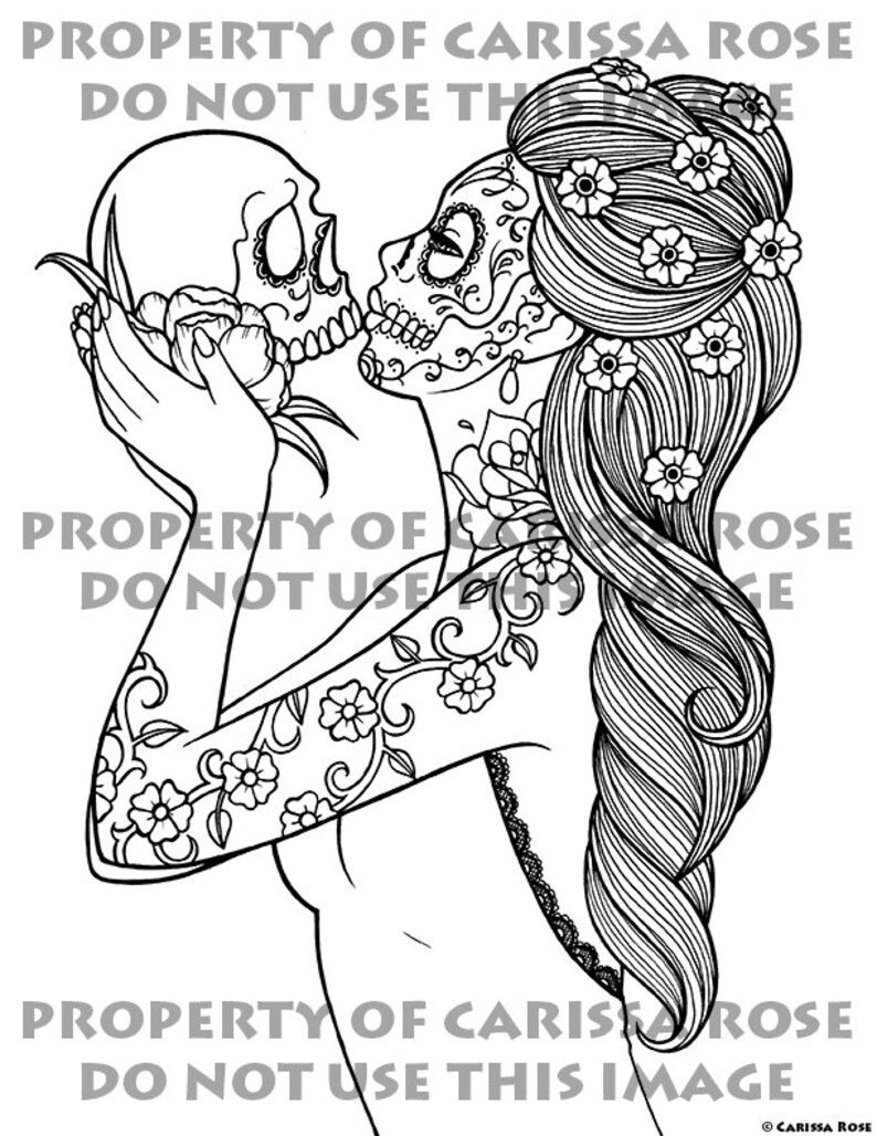 Digital Download Print Your Own Coloring Book Outline Page Eternity by Carissa Rose Day of the Dead Sugar Skull Girl Tattoo Flash Design image 2