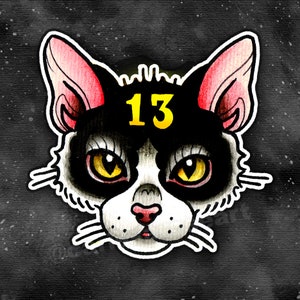 Full Color Sticker or Magnet | 13 Cat by Carissa Rose Lowbrow Old School Traditional Style Cat