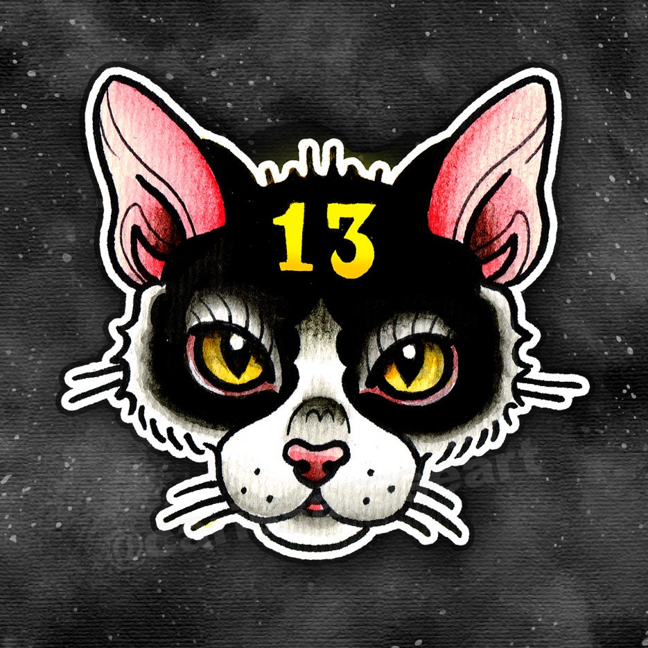 Full Color Sticker or Magnet | 13 Cat by Carissa Rose Lowbrow Old School Traditional Style Cat