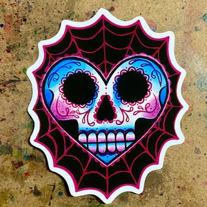 Full Color Sticker or Magnet | Pink Blue and Black Sugar Skull Tattoo Flash Design Heart with Pink Spider Webs Punk Rock Goth