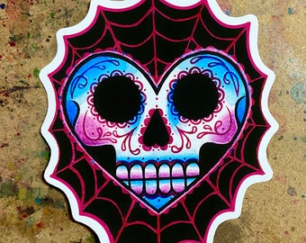 Full Color Sticker or Magnet | Pink Blue and Black Sugar Skull Tattoo Flash Design Heart with Pink Spider Webs Punk Rock Goth