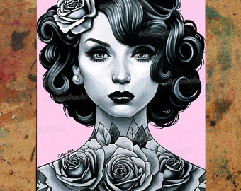 Art Print | Rosa | Lowbrow Rose Tattooed Vintage Style 50s and 60s Rockabilly Pin Up Girl Signed Print | 5x7, 8x10, 10.5x13.8, or 11x17 Inch