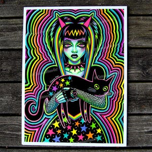 May include: A black and white illustration of a woman with black hair and horns, wearing a black dress with stars and a black choker. She is holding a black cat with green eyes. The background is a rainbow of colors.