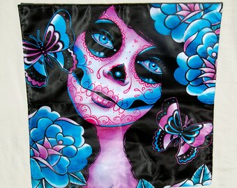 Square Pillow Case | Memento by Carissa Rose | Colorful Flowers Tattooed Pop Art Sugar Skull Girl Portrait | Tattoo Home Decor