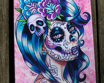 16x20 en | d’impression sur toile étirée | « Entre les deux » Lowbrow Inked Tattooed Day of the Dead Sugar Skull Girl | Tatouage Décoration intérieure