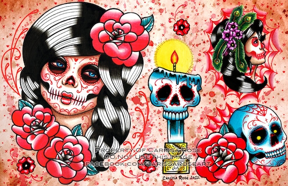 Set of FOUR 11x17 Day of the Dead Tattoo Flash Sheets WITH