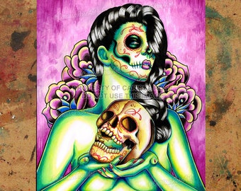 Art Print | Memories  | Day of the Dead Tattoo Pin Up Girl Holding Sugar Skull | 5x7, 8x10, 10.5x13.8, or 11x17 inch