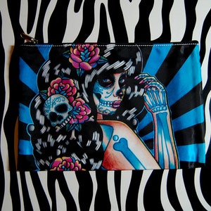 Cosmetic Bag Case | Midnight Motif | Day of the Dead Sugar Skull Girl Pin Up | Rockabilly Psychobilly Goth Pencil Makeup Accessory Bag