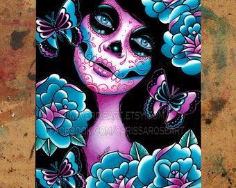 Art Print | Memento | Poster | Colorful Day of the Dead Sugar Skull Girl With Tattoo Art Flowers | 5x7, 8x10, 10.5x13.8, or 11x17 in