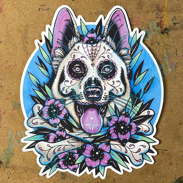 Sugar Skull German Shepherd | Full Color Sticker or Magnet | Day of the Dead Tattoo Flash Dog With Crossbones and Tattoo Flowers