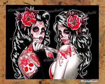 Art Print | The Betrayal | Poster | Lowbrow Tattoo Pin Up Girls Sugar Skull Art Painting | 5x7, 8x10, 10.5x13.8, or 11x17 inch