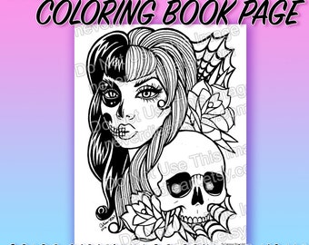 Digital Download Print Your Own Coloring Book Outline Page - Pretty Tattoo Flash Pin Up Girl And Skull