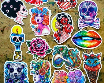 PICK your OWN SET of Full Color Stickers | Vinyl Stickers Old School Tattoo Flash Art Designs | Laminated