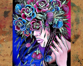 Signed Art Print | Falling Away | 5x7, 8x10, 10.5x13.8, or 11x17 in. | Colorful Surreal Portrait Art Crying Girl and Painted Tattoo Roses