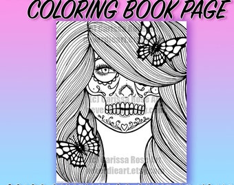Digital Download Print Your Own Coloring Book Outline Page - Day of the Dead Girl With Butterflies by Carissa Rose