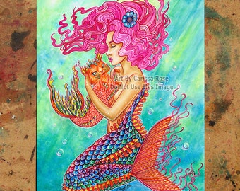 Art Print | Catfish | Colorful Underwater Mermaid With Cat Fish Mermaid Kitty Colorful Fantasy Artwork | 5x7, 8x10, 10.5x13.8, or 11x17 inch