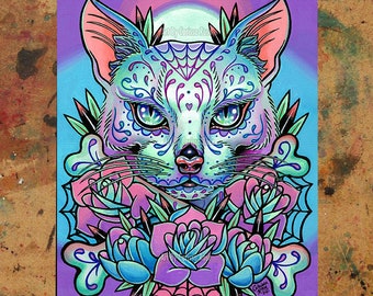 Sugar Skull Cat | 5x7, 8x10, 10.5x13.8, or 11x17 in Art Print | Pink and Blue Day of the Dead Cat Tattoo Flash Illustration | For the Home