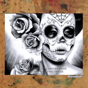 Art Print | Felicity | Poster | Black and White Day of the Dead Sugar Skull Girl With Realistic Roses | 5x7, 8x10, 10.5x13.8, or 11x17 inch