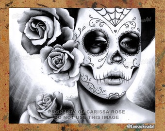 Felicity | Tapestry | Metal Print | Poster | Black and White Day of the Dead Sugar Skull Girl With Realistic Roses