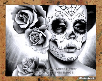 Art Print | Felicity | Poster | Black and White Day of the Dead Sugar Skull Girl With Realistic Roses | 5x7, 8x10, 10.5x13.8, or 11x17 inch