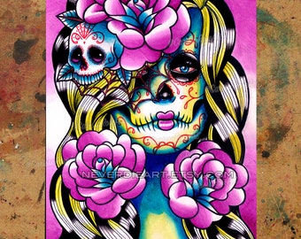 Kunstdruck | 5x7, 8x10, 10,5x13,8 oder 11x17 in. | Wegwaschen | Tattoo Kunstdruck | Day of the Dead Sugar Skull Mädchen Lowbrow Home Decor