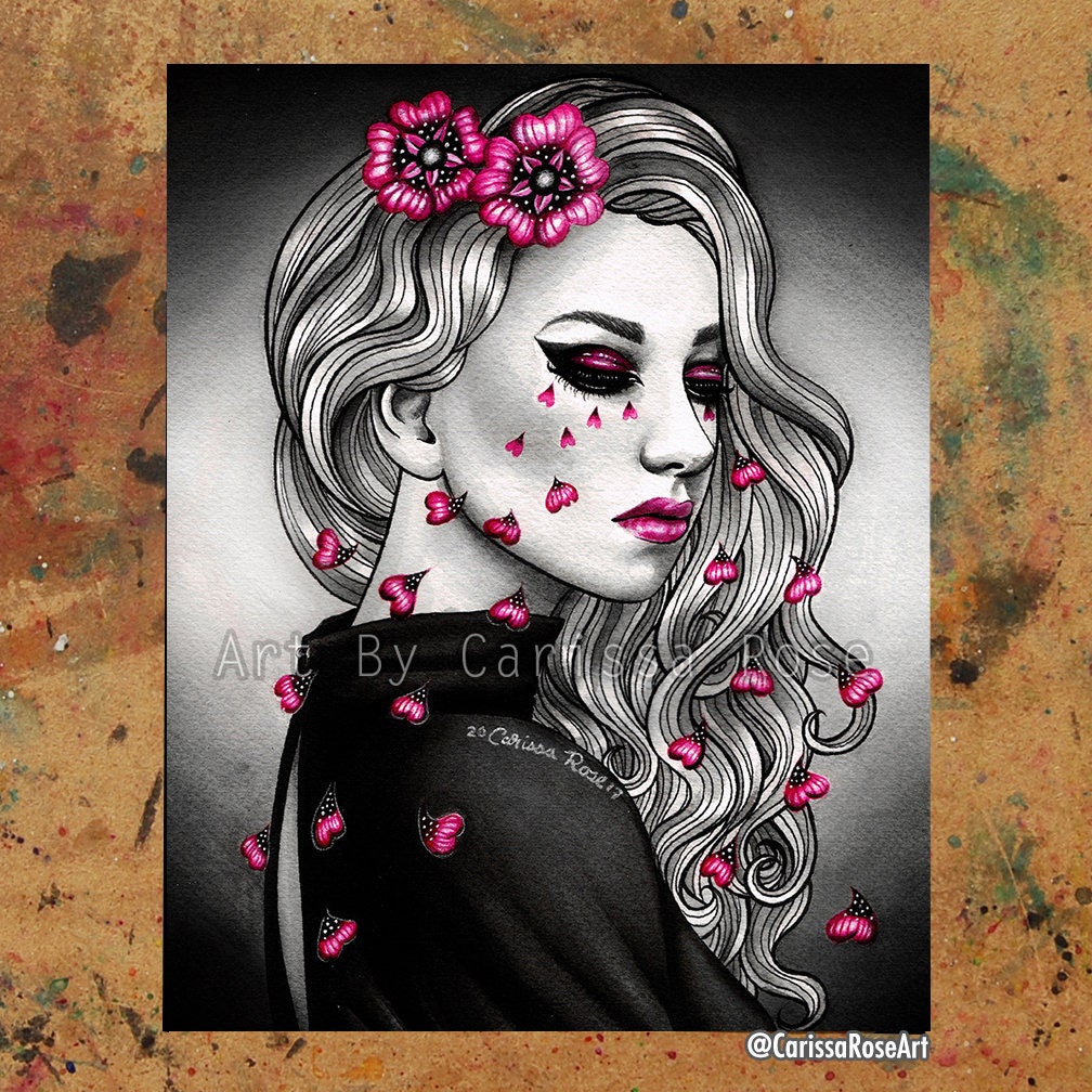 Kunstdruck | Müde Augen | Poster | Wandteppich | Metallbild | Ziemlich emotionales Mädchen weinende Tattoo Blume Tränen | Lowbrow signierter Kunstdruck