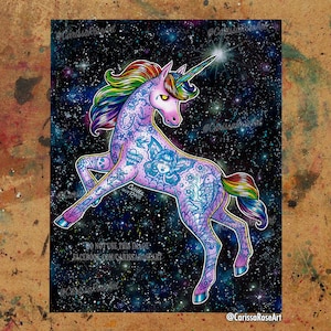 Impresión artística / Unicornio tatuado / Póster / Tapiz / Impresión en metal / Ilustración de unicornio tatuado con arcoíris colorido en el espacio