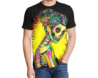 Electrocity III | Unisex Adult T-Shirt | S M L XL XXL | Colorful Rainbow Pop Art Skull Pin-Up Girl Sublimation Top for Men or Women