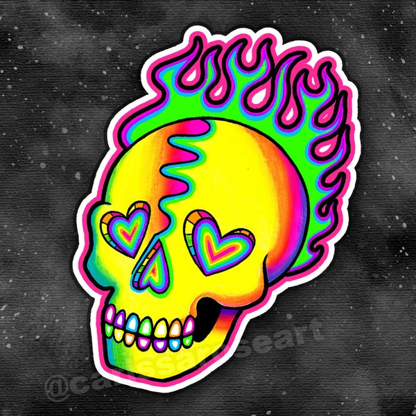 Full Color Sticker or Magnet | Old School Tattoo Flash Neon Skull With Flames and Heart Eyes