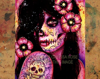 Art Print | I'll Never Forget | Pop Art Day of the Dead Sugar Skull Girl With Tattoos and Flowers | 5x7, 8x10, 10.5x13.8, or 11x17 inch