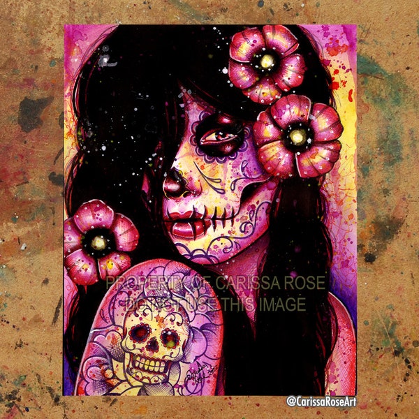 Art Print | I'll Never Forget | Pop Art Day of the Dead Sugar Skull Girl With Tattoos and Flowers | 5x7, 8x10, 10.5x13.8, or 11x17 inch