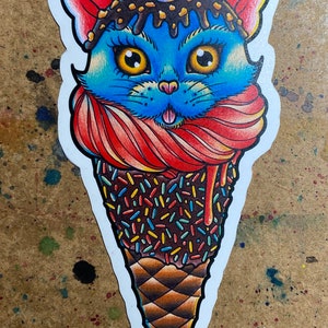 Full Color Sticker or Magnet | Kitty Cone by Carissa Rose Colorful Ice Cream Cone With Cat Head Tattoo Style Flash Sticker