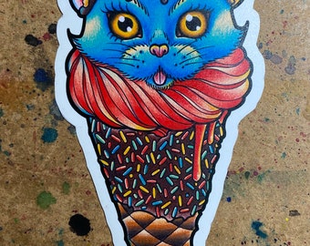 Full Color Sticker or Magnet | Kitty Cone by Carissa Rose Colorful Ice Cream Cone With Cat Head Tattoo Style Flash Sticker