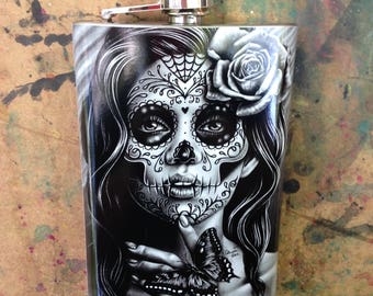 Tattoo Art Stainless Steel 8 oz. Hip Flask Serenity Black and White Tattoo Sugar Skull Girl Day of the Dead Rose Flask Lowbrow