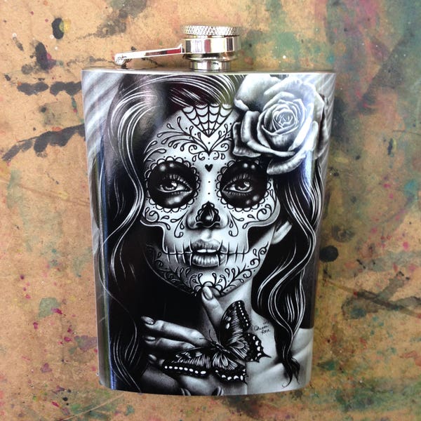 Tattoo Art Stainless Steel 8 oz. Hip Flask Serenity Black and White Tattoo Sugar Skull Girl Day of the Dead Rose Flask Lowbrow