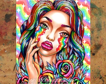 Art Print | Prismatic Panic | 5x7, 8x10, 10.5x13.8, or 11x17 Inch | Colorful Pin Up Girl With Rainbow Hair Edgy Punk Rock Wall Art Sparkles