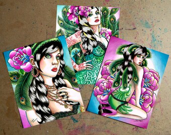 Set of THREE Signed Art Prints - 5x7, 8x10, or 11x14 in - Peacock Pin Up Girls Tattooed Pinups and Peacock Feathers Tattoo Flash