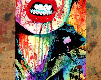 Art Print | Try Me | Poster | Edgy Alternative Punk Rock Riot Girl Rainbow Watercolor Splatter Portrait | 5x7, 8x10, 10.5x13.8, 11x17 inch