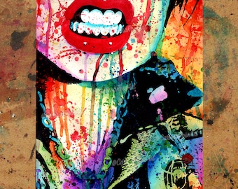 Art Print | Try Me | Poster | Edgy Alternative Punk Rock Riot Girl Rainbow Watercolor Splatter Portrait | 5x7, 8x10, 10.5x13.8, 11x17 inch