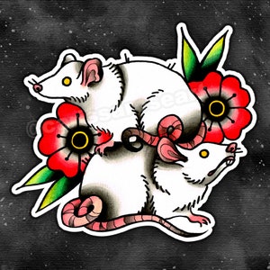 Full Color Sticker or Magnet | Vinyl Sticker Pretty Tattoo Art White Rats and Flowers | Traditional Old School Tattoo Flash