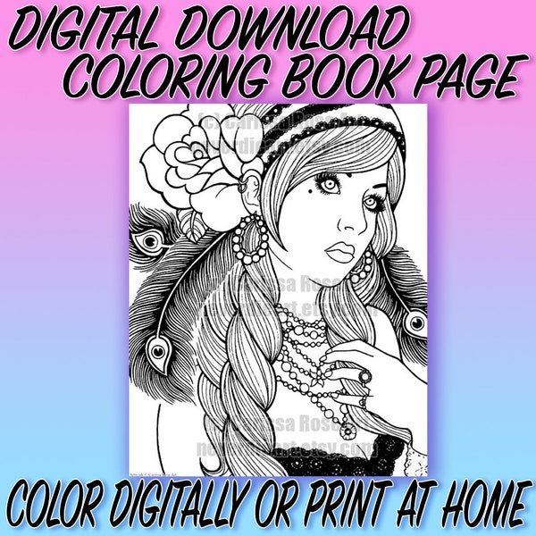Digital Download Print Your Own Coloring Book Outline Page - Gypsy Girl Tattoo Flash by Carissa Rose