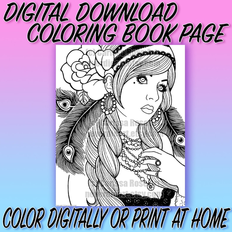 Digital Download Print Your Own Coloring Book Outline Page Gypsy Girl Tattoo Flash by Carissa Rose image 1