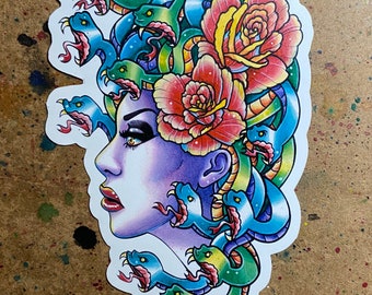 Full Color Sticker or Magnet | Old School Tattoo Flash Girl Medusa With Snakes and Flowers