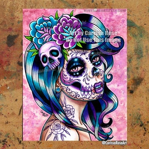 Impresión artística / Entre medio / Póster / Tapiz / Impresión en metal / Impresión firmada del arte del tatuaje de una chica con calavera de azúcar y rosas del Día de los Muertos
